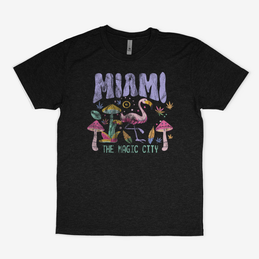 Miami Mushroom Magic Flamingo: a Groovy Retro Hippie Wild Print Vintage T-shirt